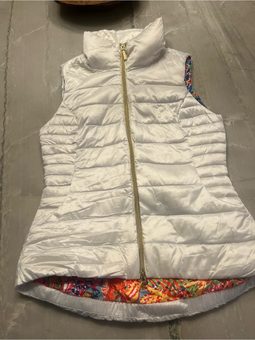 Lilly Pulitzer White Puffer Vest with Multicolor Lining
